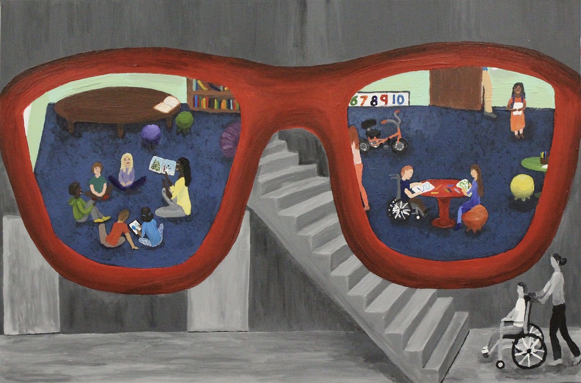 On a black and white background showing a person being pushed in a wheelchair stopped at the bottom of a flight of stairs, a pair of red glasses is superimposed, showing a view through the lenses in full color of an inclusive classroom with students of various abilities