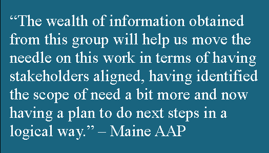 “The wealth of information obtained from this group will help us move the needle on this work in terms of having stakeholders aligned, having identified the scope of need a bit more and now having a plan to do next steps in a logical way.” – Maine AAP