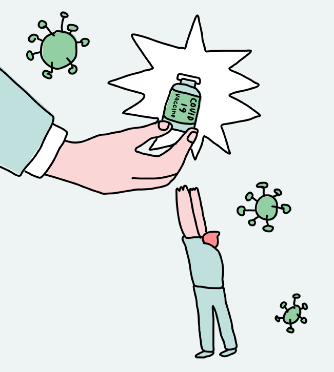 Cartoon of person reaching up towards hand holding a vial of COVID-19 vaccine